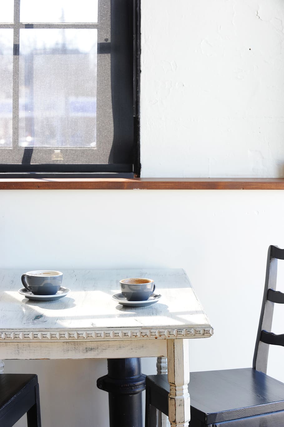 two cups on table, seat, window, indoors, chair, no people, absence HD wallpaper