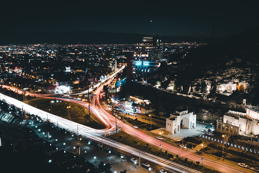 aerial view of city during nighttime, road, landscape, outdoors