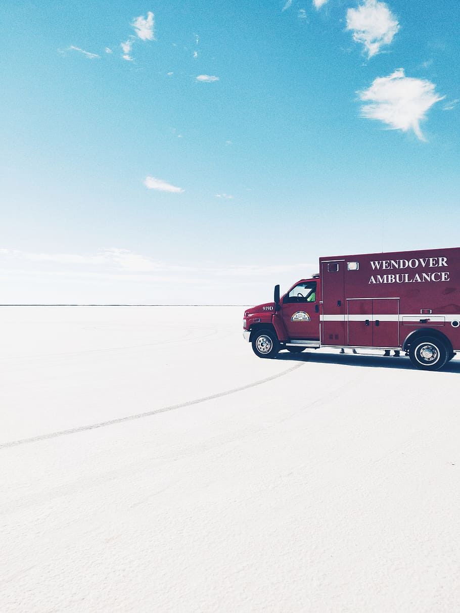 red truck on road, salt lake, desert, ambulance, vehicle, bonneville, HD wallpaper