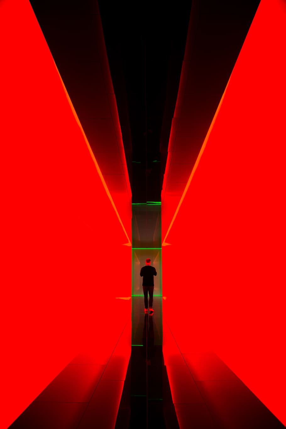 man between red light hallway, architecture, indoors, people HD wallpaper