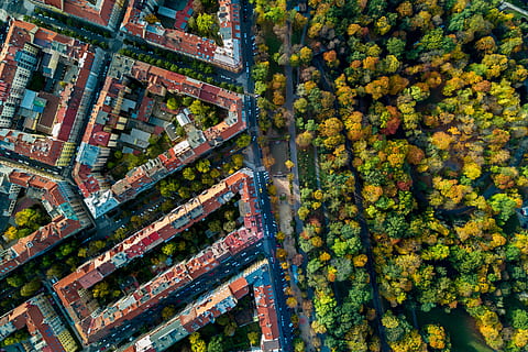 Amazing view on the historic buildings of Prague and autumn park. Aerial view. HD wallpaper