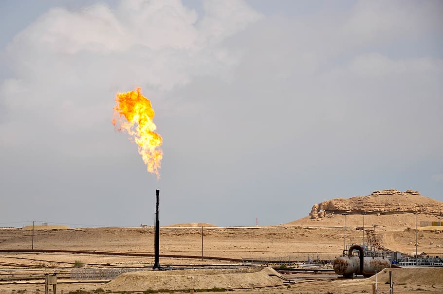 bahrain, oil field, sky, nature, environment, land, smoke - physical structure