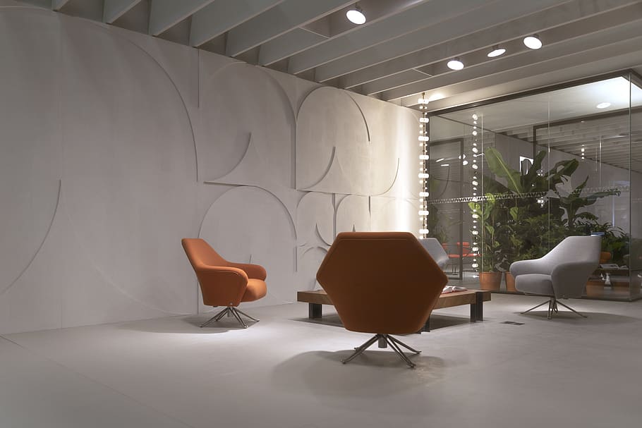 orange rolling chair, seat, furniture, indoors, empty, modern HD wallpaper