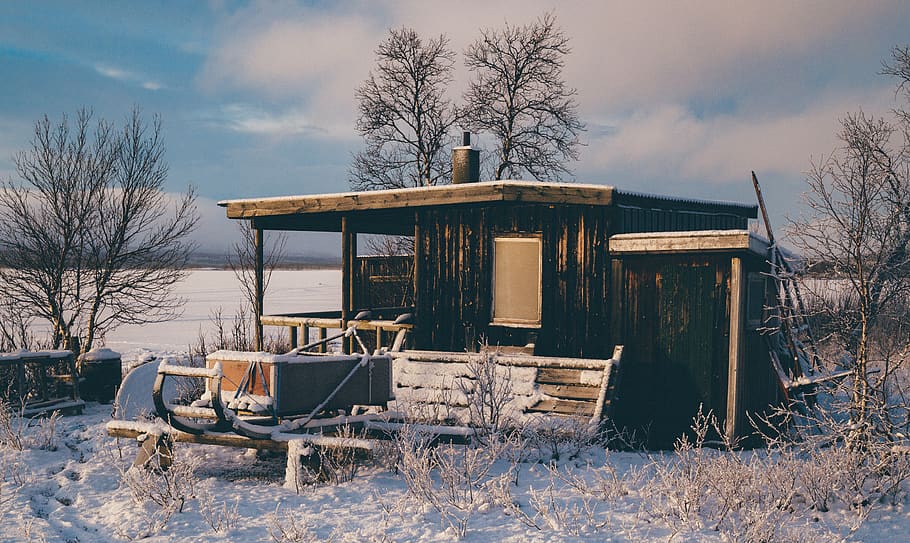 Brown Wooden Barn Surrounded by Snow, cabin, clouds, cold, daylight HD wallpaper