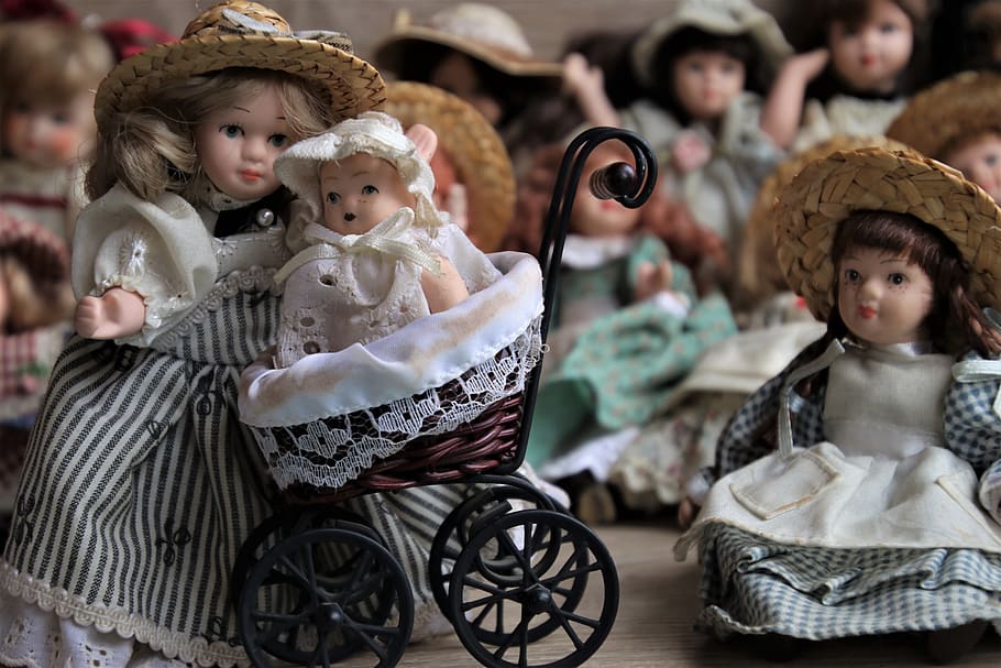 retro, porcelain dolls, stroller, child care, family, stranded, HD wallpaper