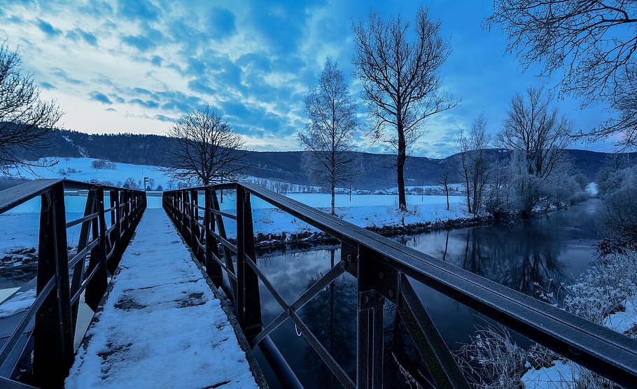 bridge, river, snow, winter, trees, landscape, path, cross HD wallpaper