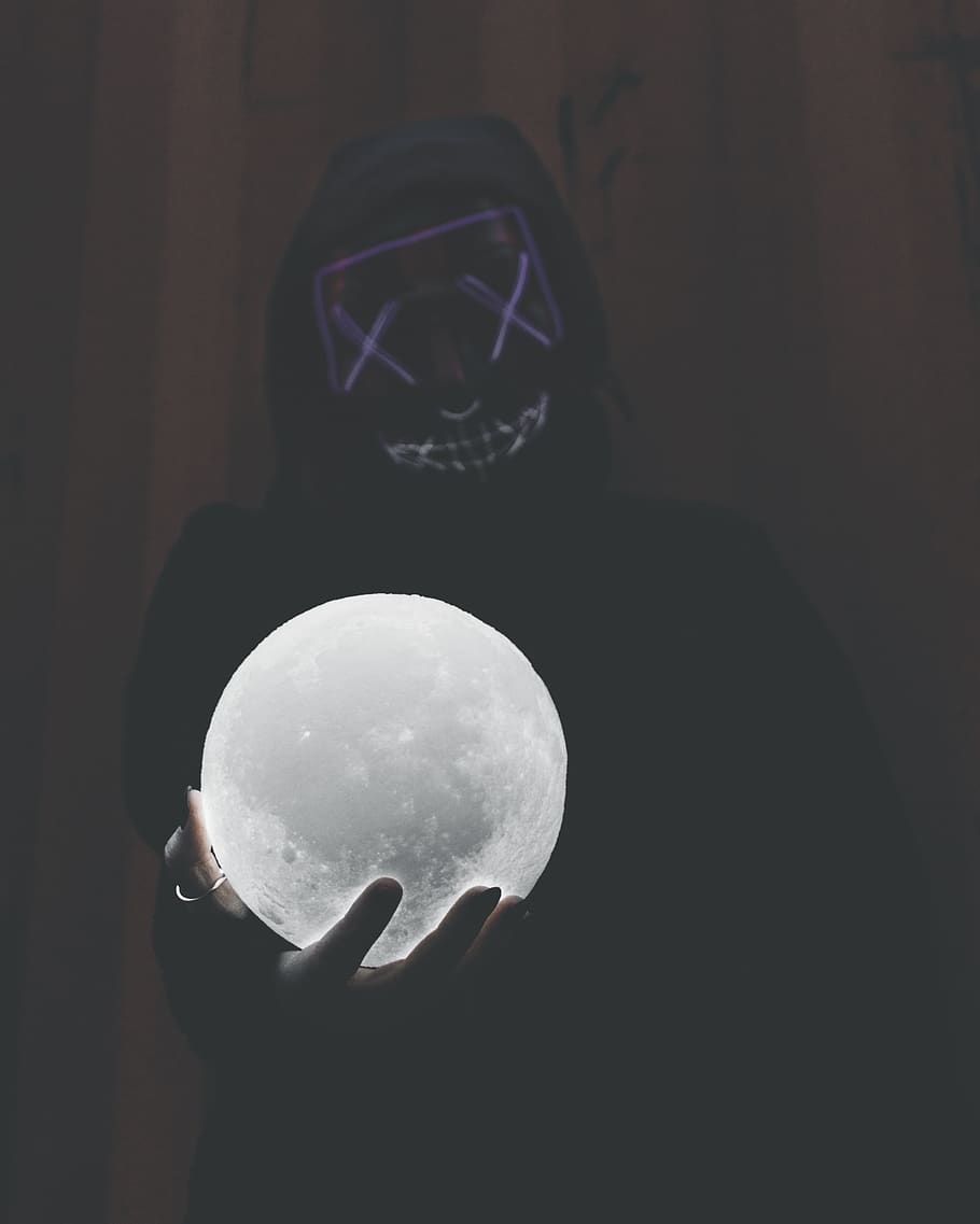 white LED moon light, person, sphere, egg, food, human, mask, HD wallpaper