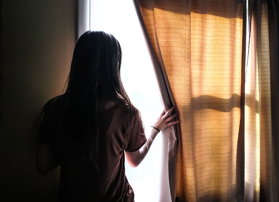 looking out, curtain, window, harsh light, shadow, window light HD wallpaper