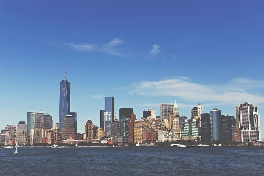 new york, blue, sky, clouds, city, buildings, skyscrapers, water HD wallpaper