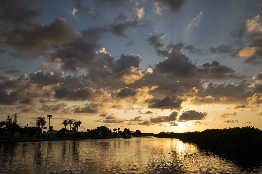 sunset, clouds, sky, florida, dramatic, evening, dusk, water HD wallpaper