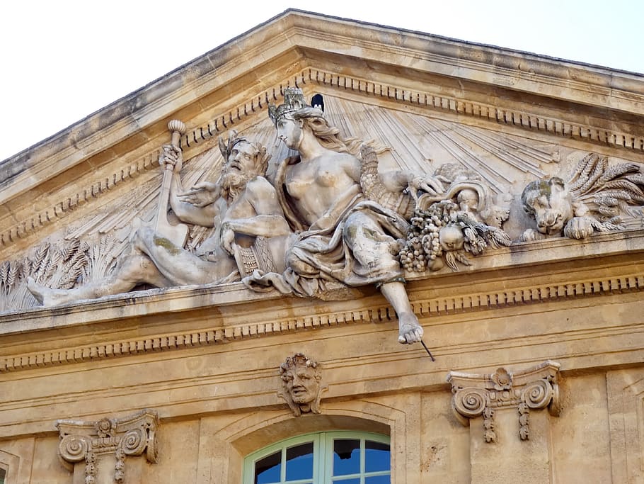 aix-en-provence, pediment, the madness, statues, facade, architecture