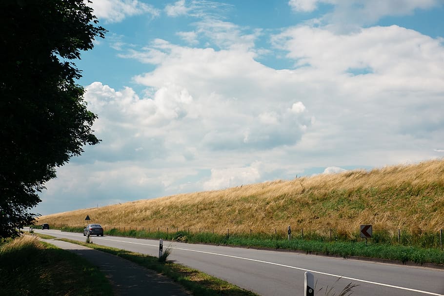 Rural road, asphalt, background, blue, car, country, countryside, HD wallpaper