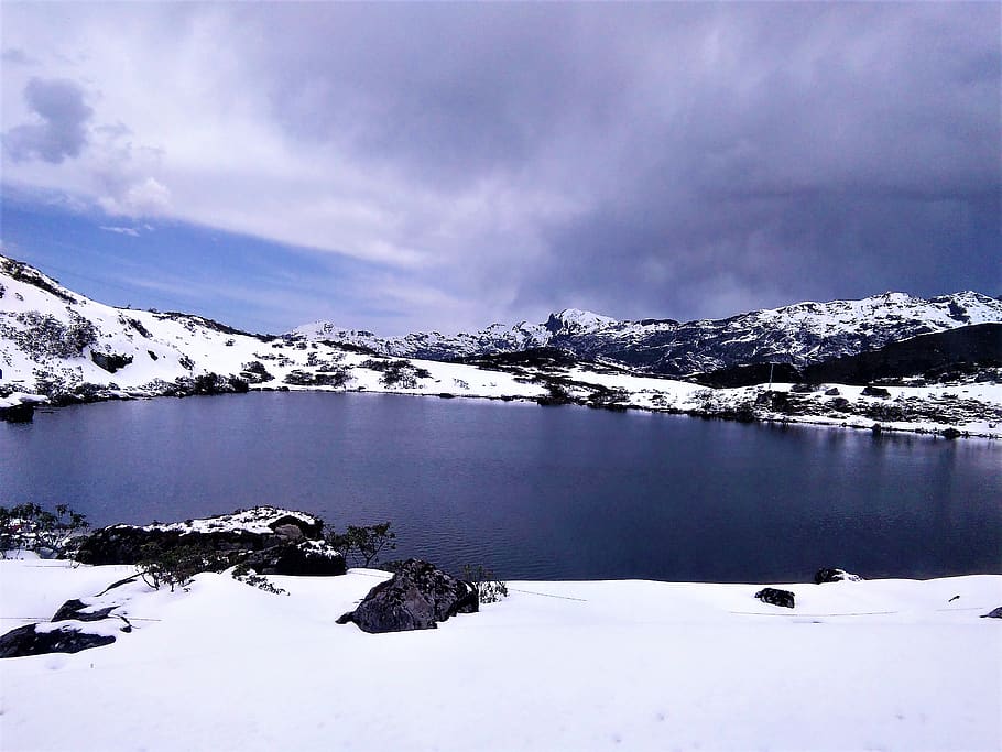 snow, mountains, cold temperature, winter, cloud - sky, water HD wallpaper