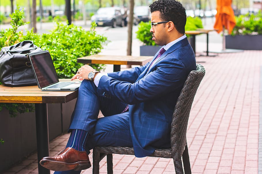 Sitting Man Wearing Formal Suit Using Laptop Computer, bag, business