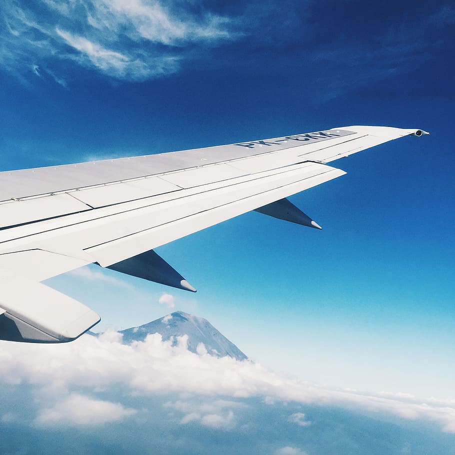 plane, airplane, view, window seat, mountain, nature, sky, blue HD wallpaper