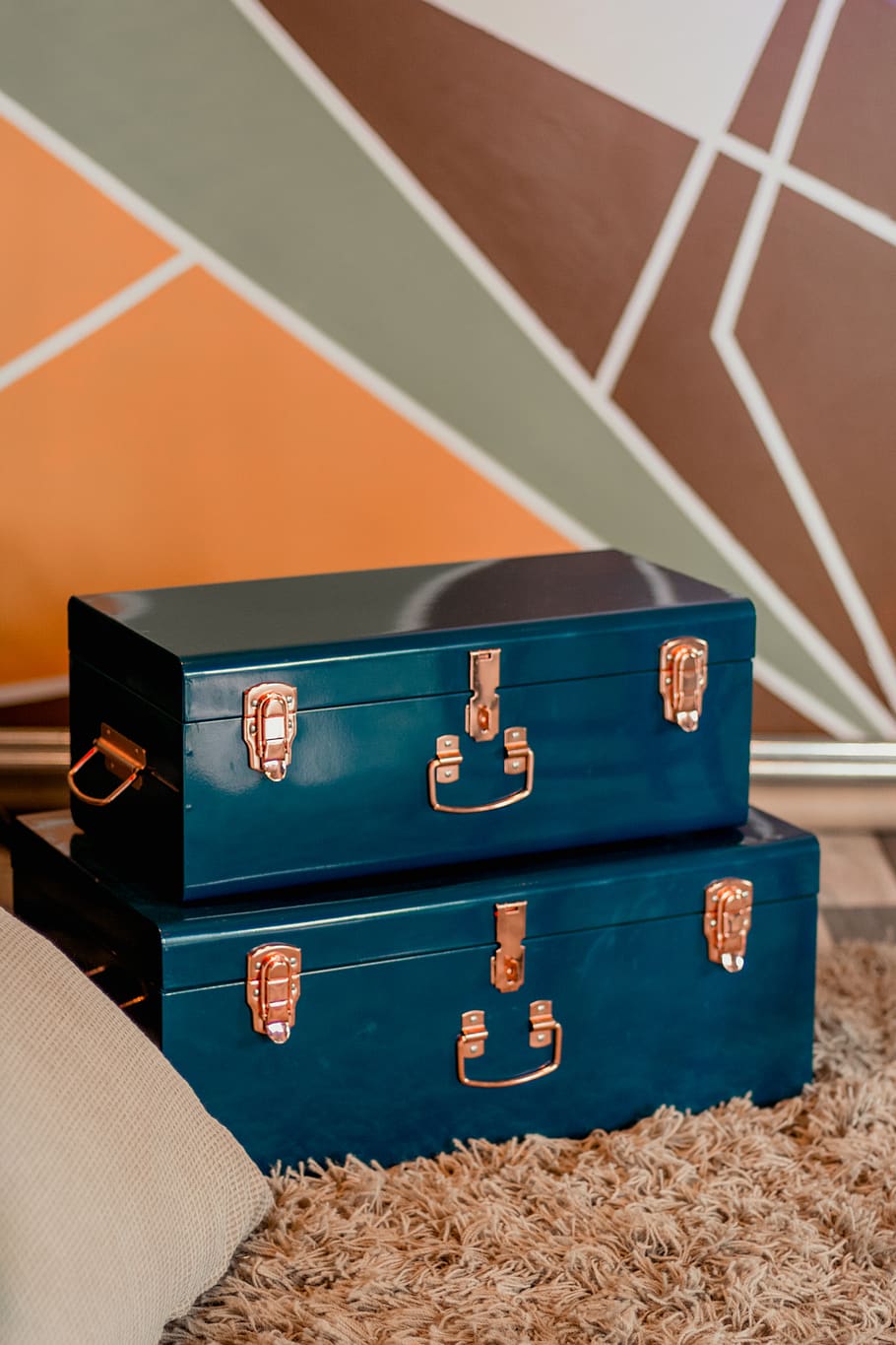 Two Blue Metal Storage Boxes, carpet, case, chest, container HD wallpaper