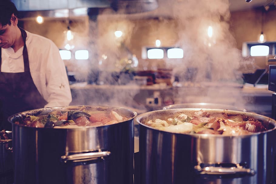 Man Wearing Black Apron Near Two Silver Metal Cooking Pot, chef HD wallpaper
