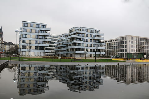 reflection, germany, essen, building, university of duisburg-essen HD wallpaper