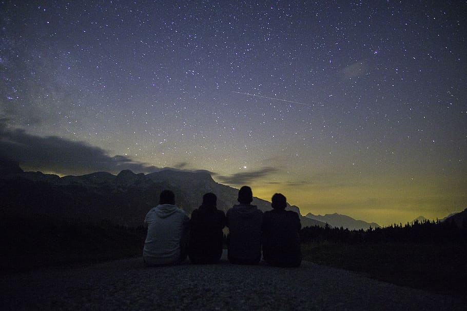four people sitting while watching sunset, sky, star - space HD wallpaper