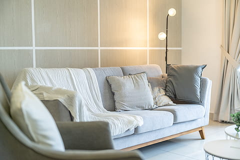 sofa, room, rest, light, lamp, warm, pillow, background, enjoy HD wallpaper