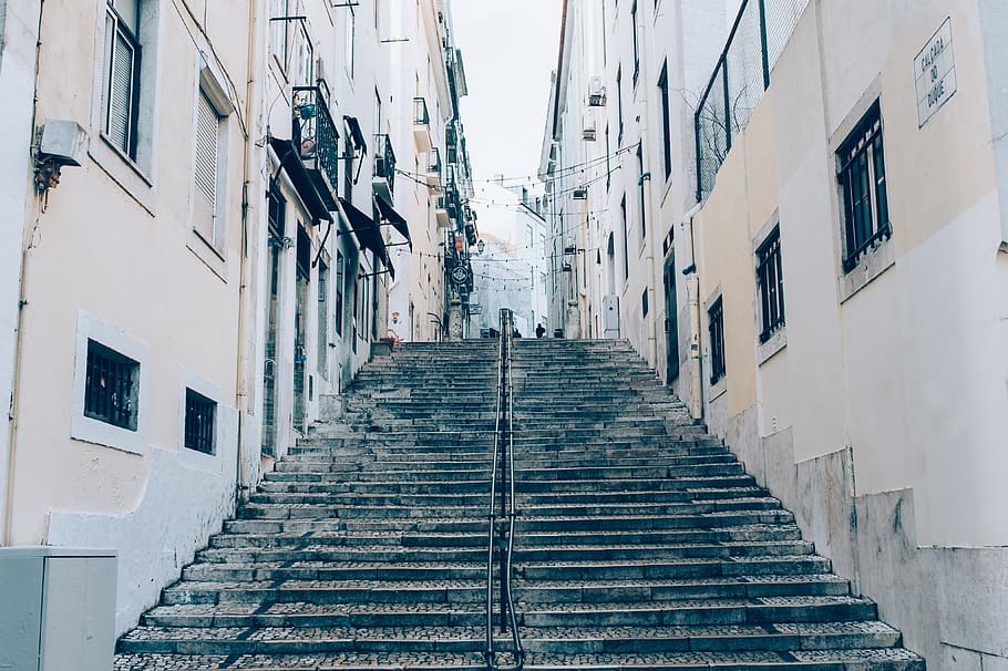 brown concrete stairs, handrail, banister, walkway, path, portugal HD wallpaper