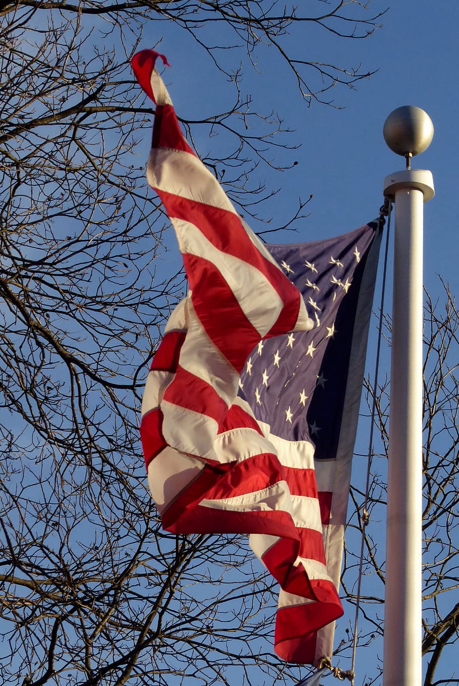 wind, flag, sky, trees, symbol, american flag, stars and stripes HD wallpaper