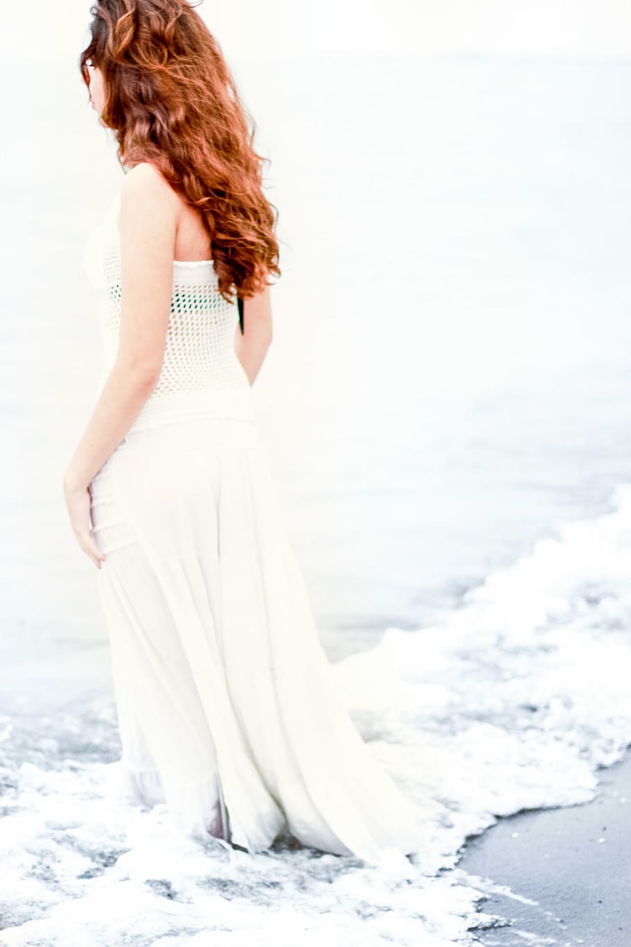 Woman Wearing White Dress, beach, female, model, sand, shore HD wallpaper