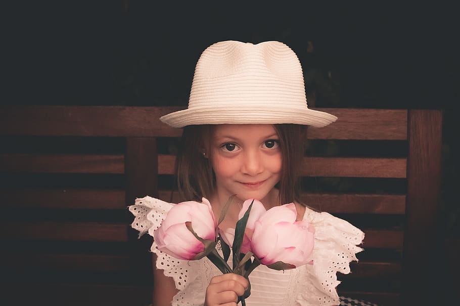 spain, tocón, children, hat, flowers, moody, smile, female HD wallpaper