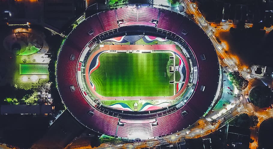 aerial photography of stadium with lights, building, arena, brazil
