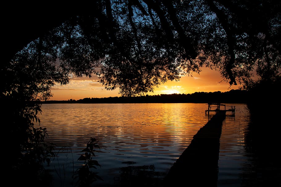poland, silnowo, sunset, water, sky, silhouette, tranquility HD wallpaper