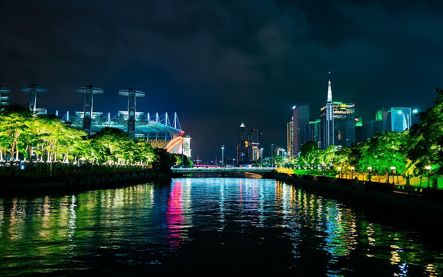water between lighted trees, outdoors, nature, building, urban HD wallpaper