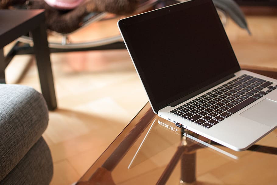 Black and Gray Laptop Computer on Glass Surface, access, chair HD wallpaper