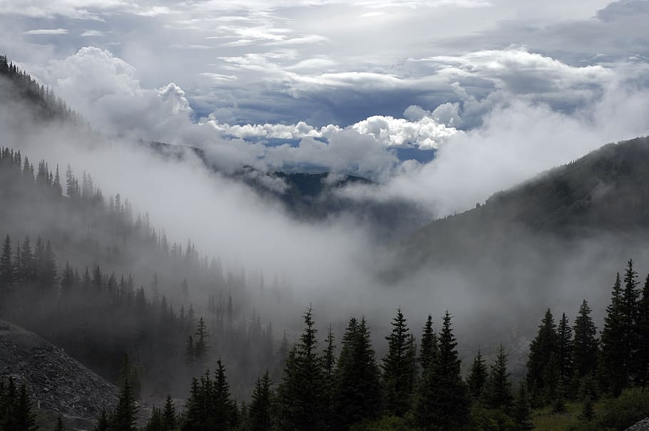 sky, clouds, mountains, hills, trees, nature, outdoors, woods HD wallpaper