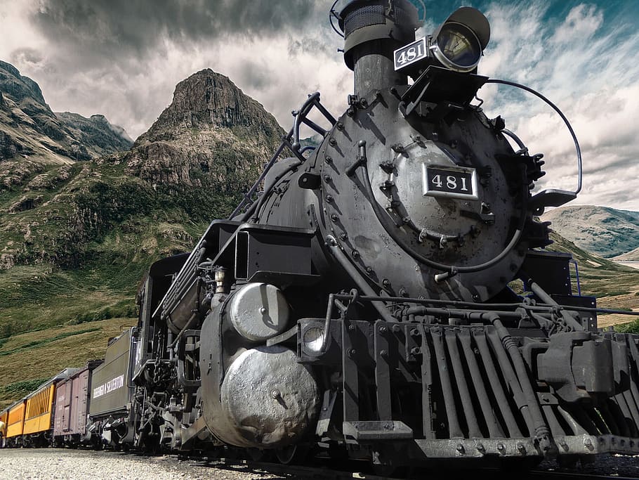 Black Coal-operated Train, close-up, engine, landscape, locomotive