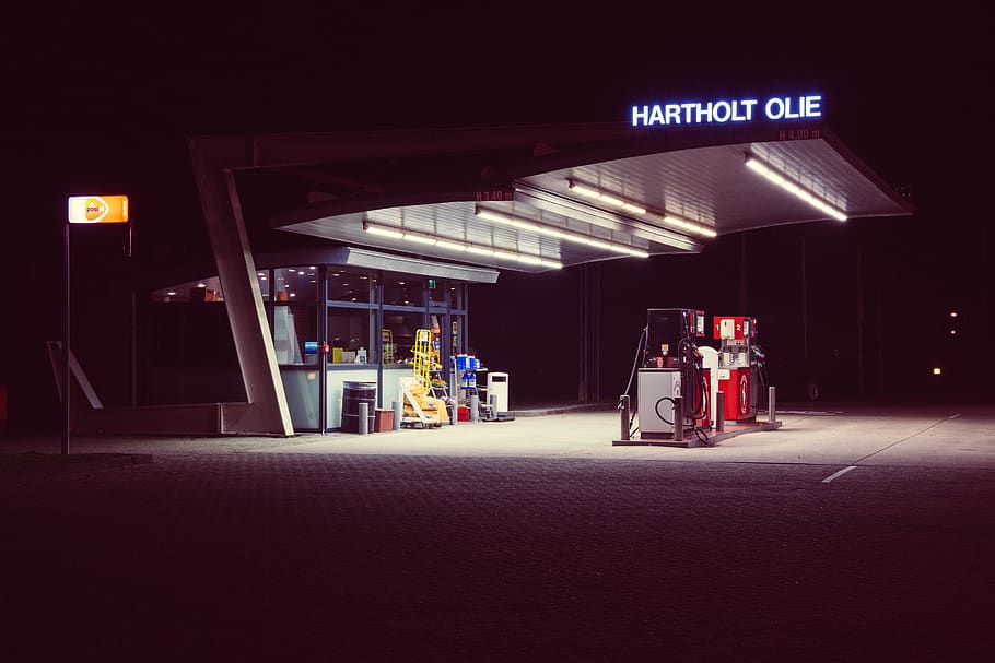 gasoline station, illuminated, night, gas station, fuel pump HD wallpaper