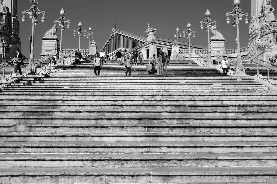 stairs, lines people, city, marseille, france, urban, railway, HD wallpaper