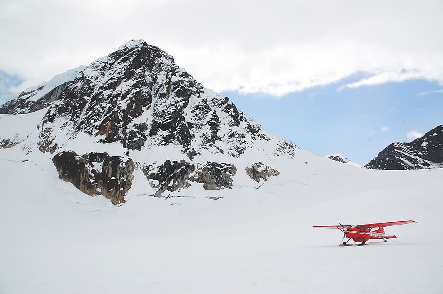 airplane, glacier, mountains, red, wings, propeller, snow, ice, HD wallpaper