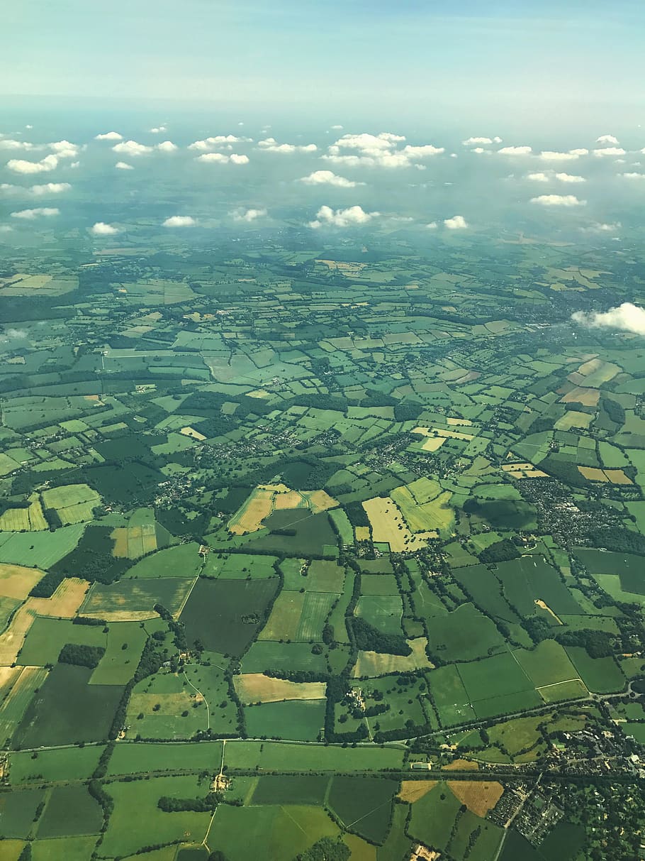 field, horizon, town, cloud, landscape, flying, green, airplane HD wallpaper