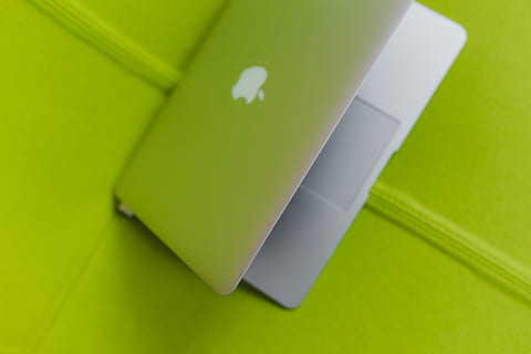 View from above at the laptop on the lime chair, computer, yellow HD wallpaper