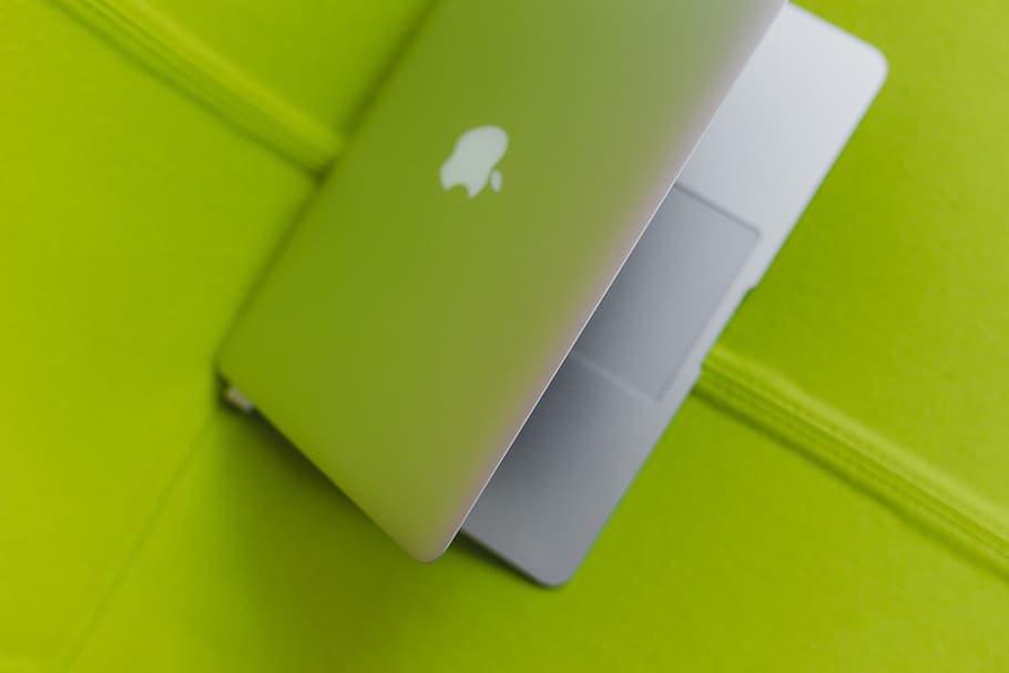 View from above at the laptop on the lime chair, computer, yellow HD wallpaper