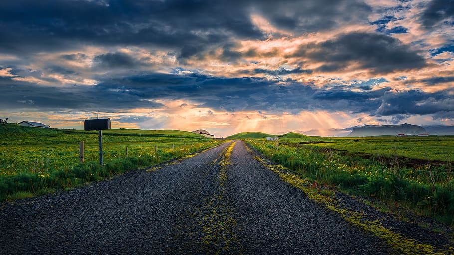 gray road between green farm, dirt road, gravel, street, blue HD wallpaper