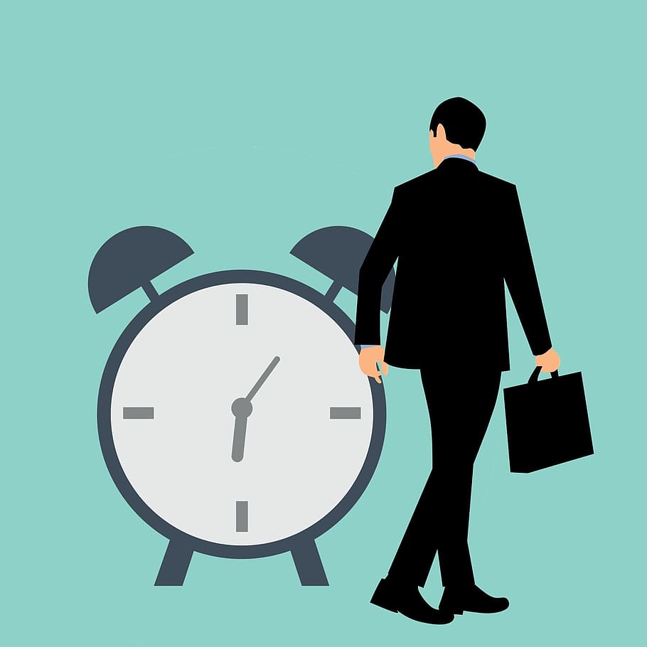Illustration of businessman with briefcase walking past alarm clock. HD wallpaper