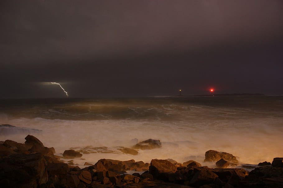 rocks under lightning, nature, outdoors, weather, flare, storm HD wallpaper