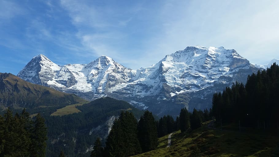 eiger, monk, virgin, mountains, switzerland, snow, scenics - nature HD wallpaper