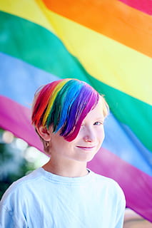Boy Wearing White Shirt With Iridescent Hair Color Infront of Flag HD wallpaper