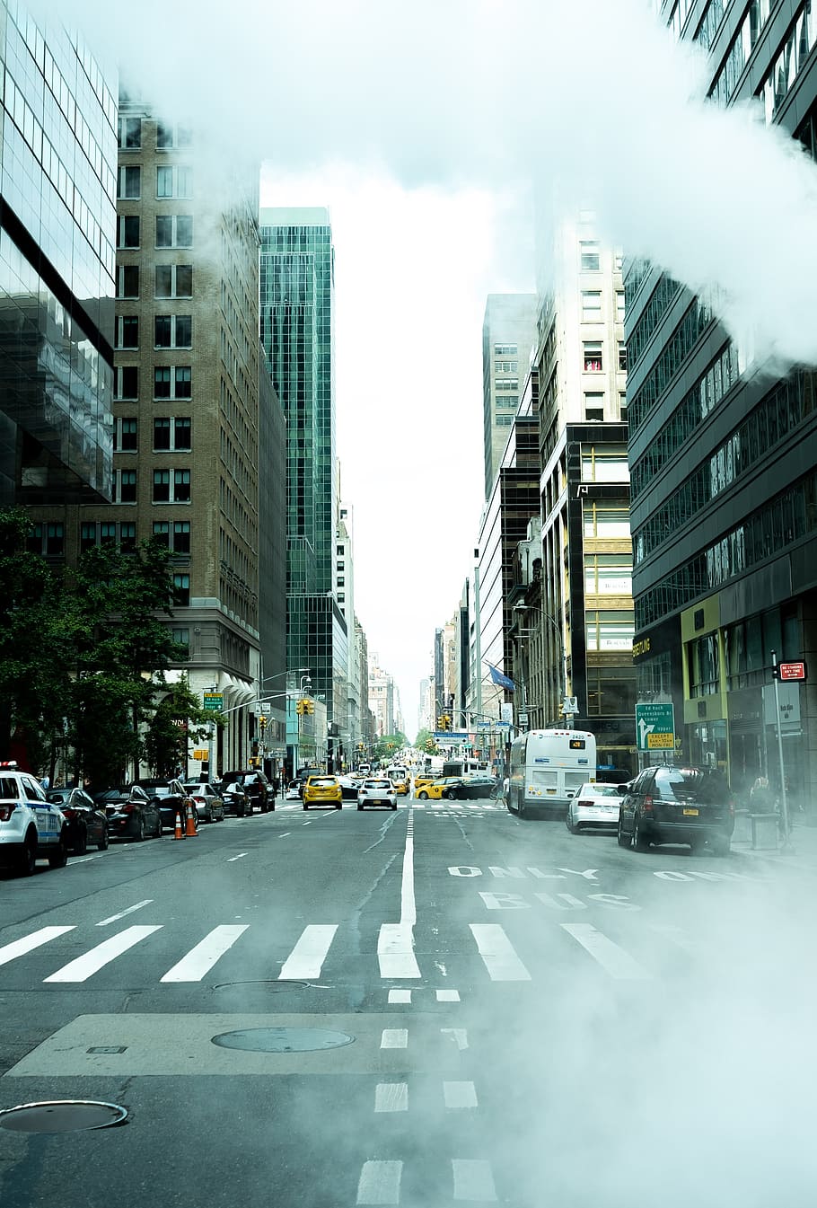 cars on asphalt road, smoke, fog, street, urban, traffic, building