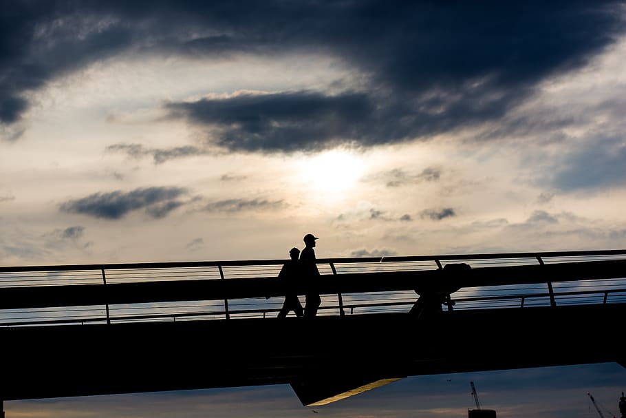 london, united kingdom, millennium bridge, clouds, sun, silhouette, HD wallpaper