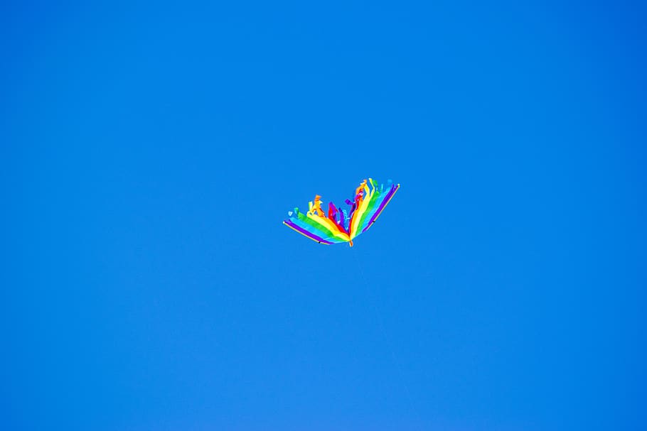 yellow and multicolored kite, blue, multi colored, sky, flying HD wallpaper