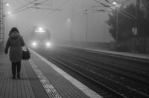 black, white, train, fog, lonely, woman, sad, female, black and white HD wallpaper