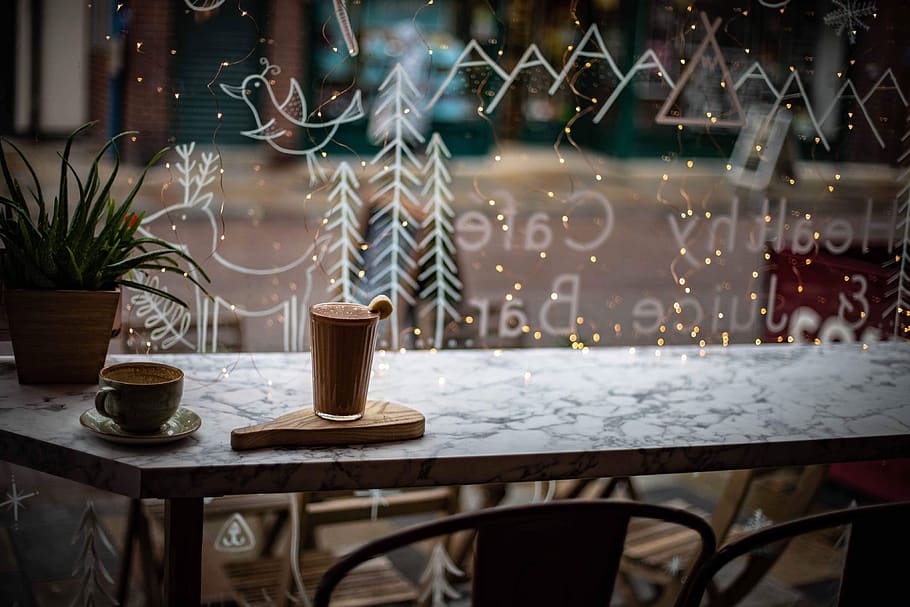 green-leafed plant on table, food and drink, chair, cup, seat HD wallpaper